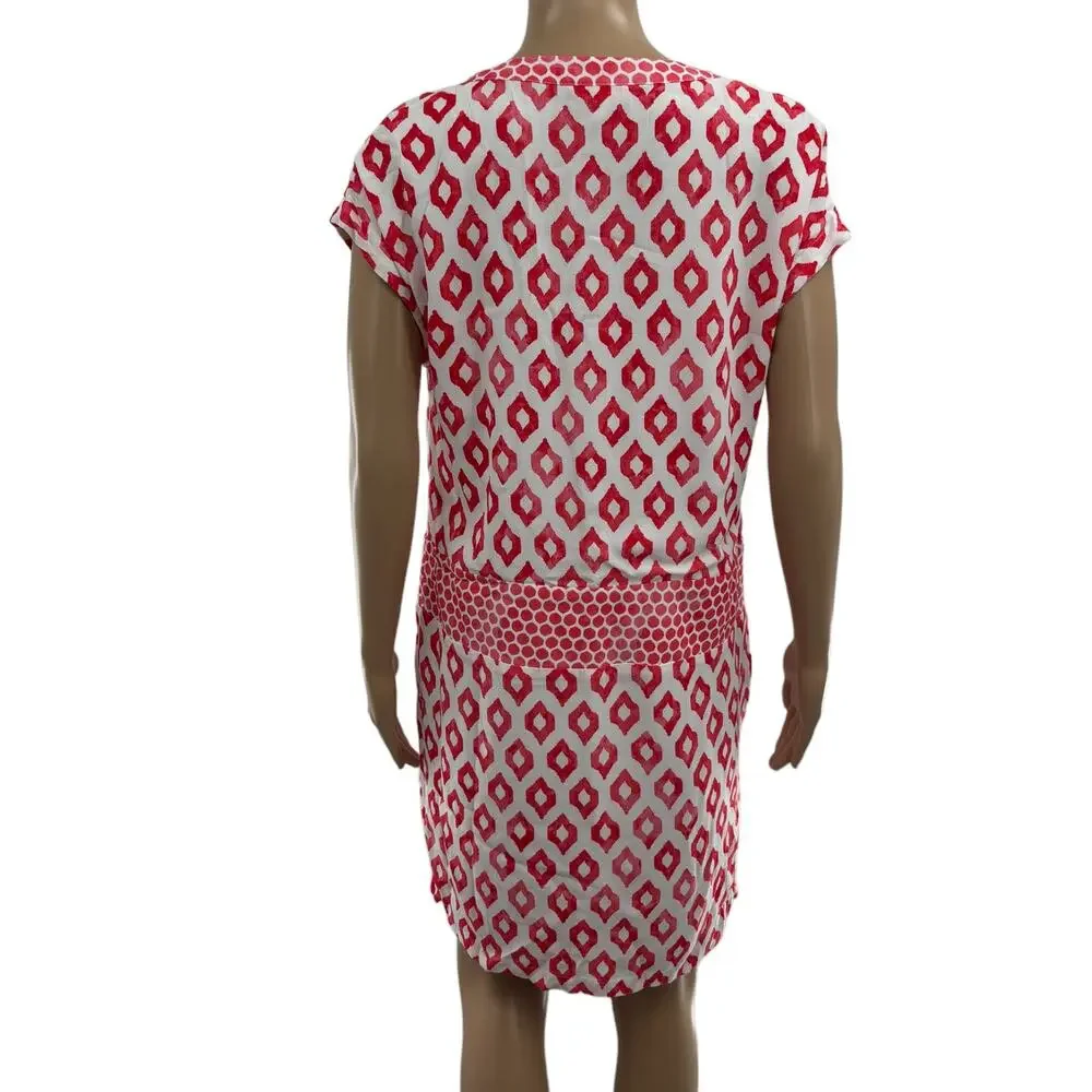 Joules Agnes Coral Ikat Print V Neck Short Sleeve Dress